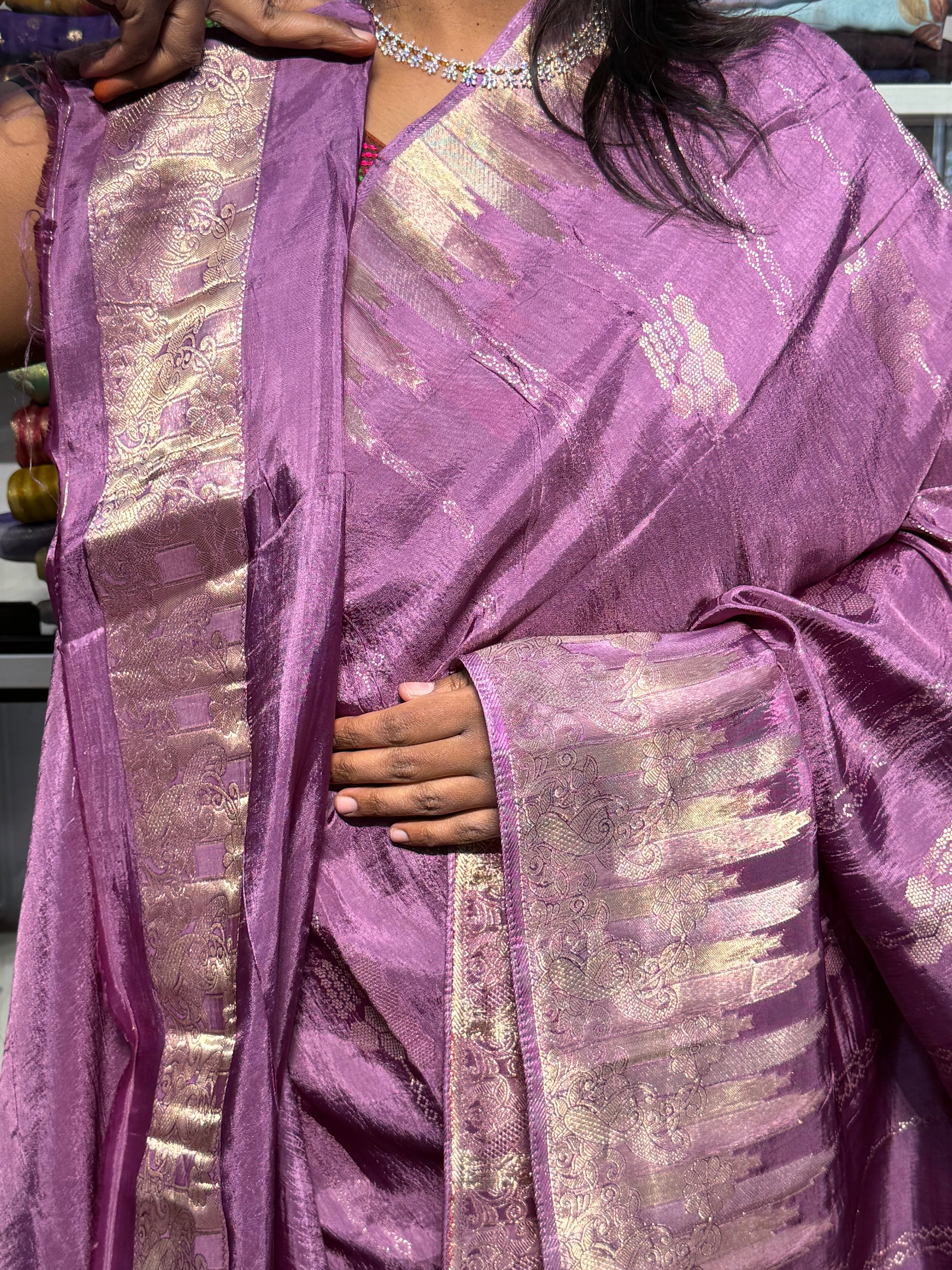 CHINON SILK SAREES WITH TEMPLE BORDER: LAVENDER