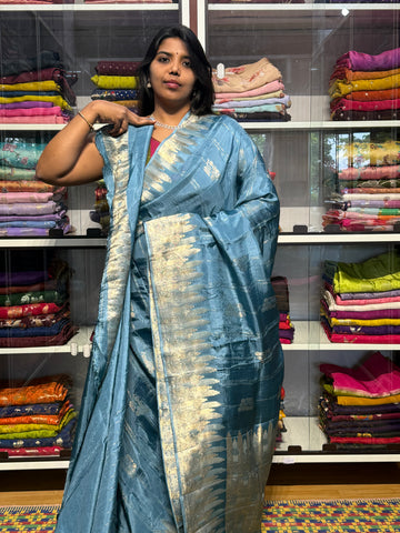 CHINON SILK SAREES WITH TEMPLE BORDER: POWDER BLUE