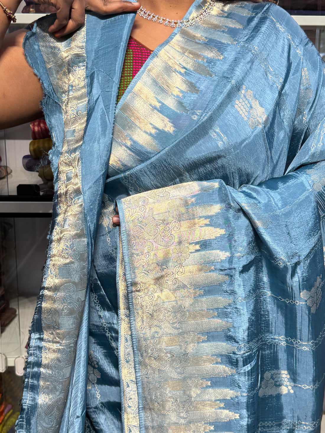 CHINON SILK SAREES WITH TEMPLE BORDER: POWDER BLUE