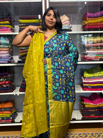BUTTER MYSORE CREPE WITH DIGITAL PRINT: BLUE