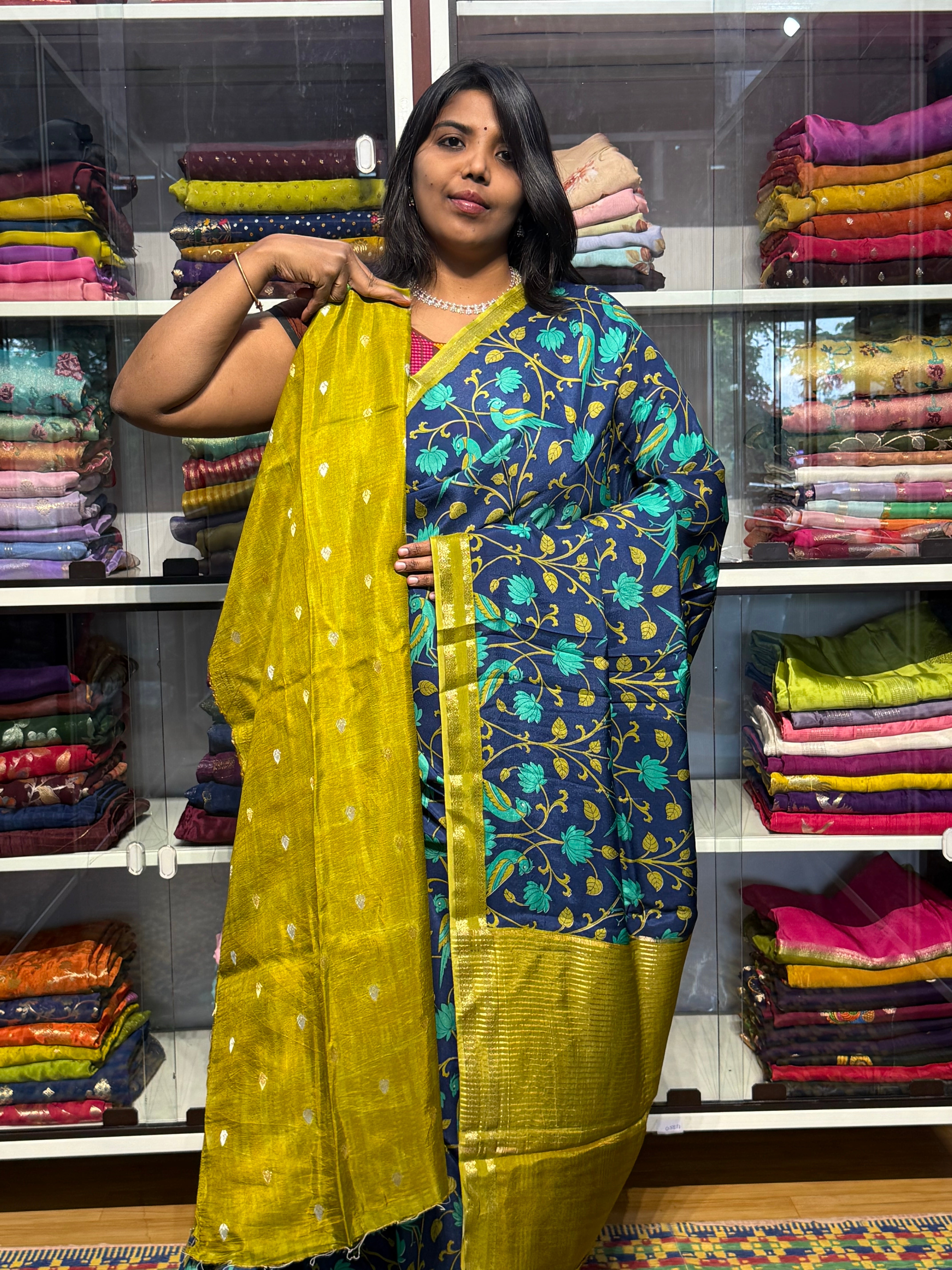 BUTTER MYSORE CREPE WITH DIGITAL PRINT: BLUE