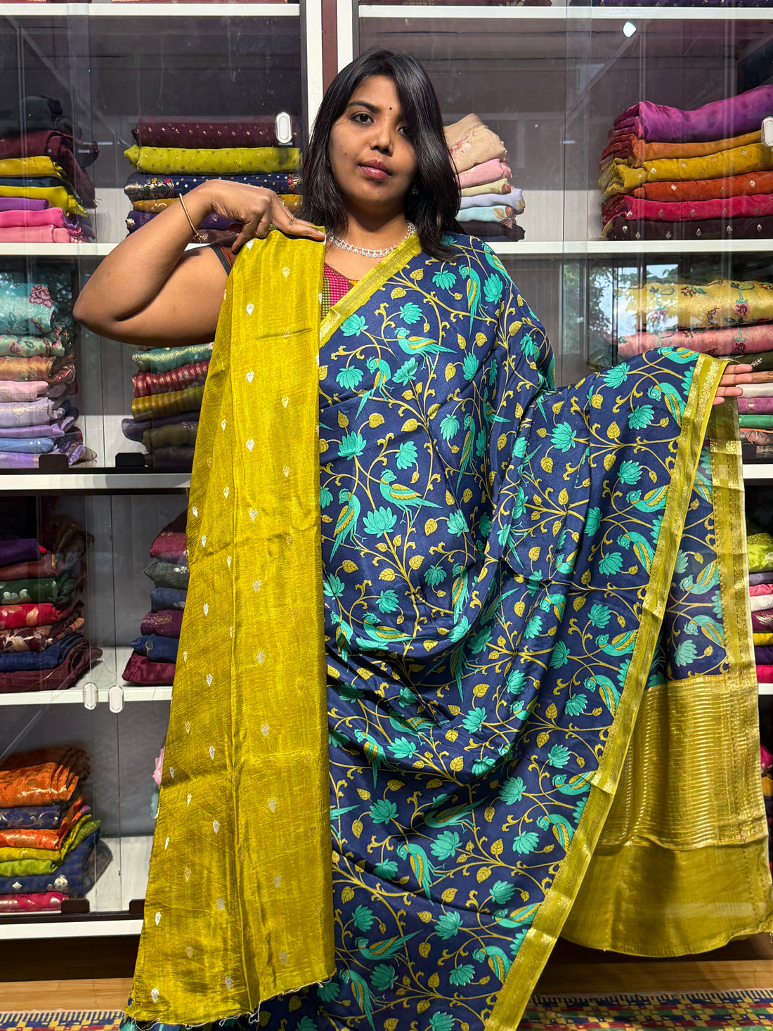 BUTTER MYSORE CREPE WITH DIGITAL PRINT: BLUE