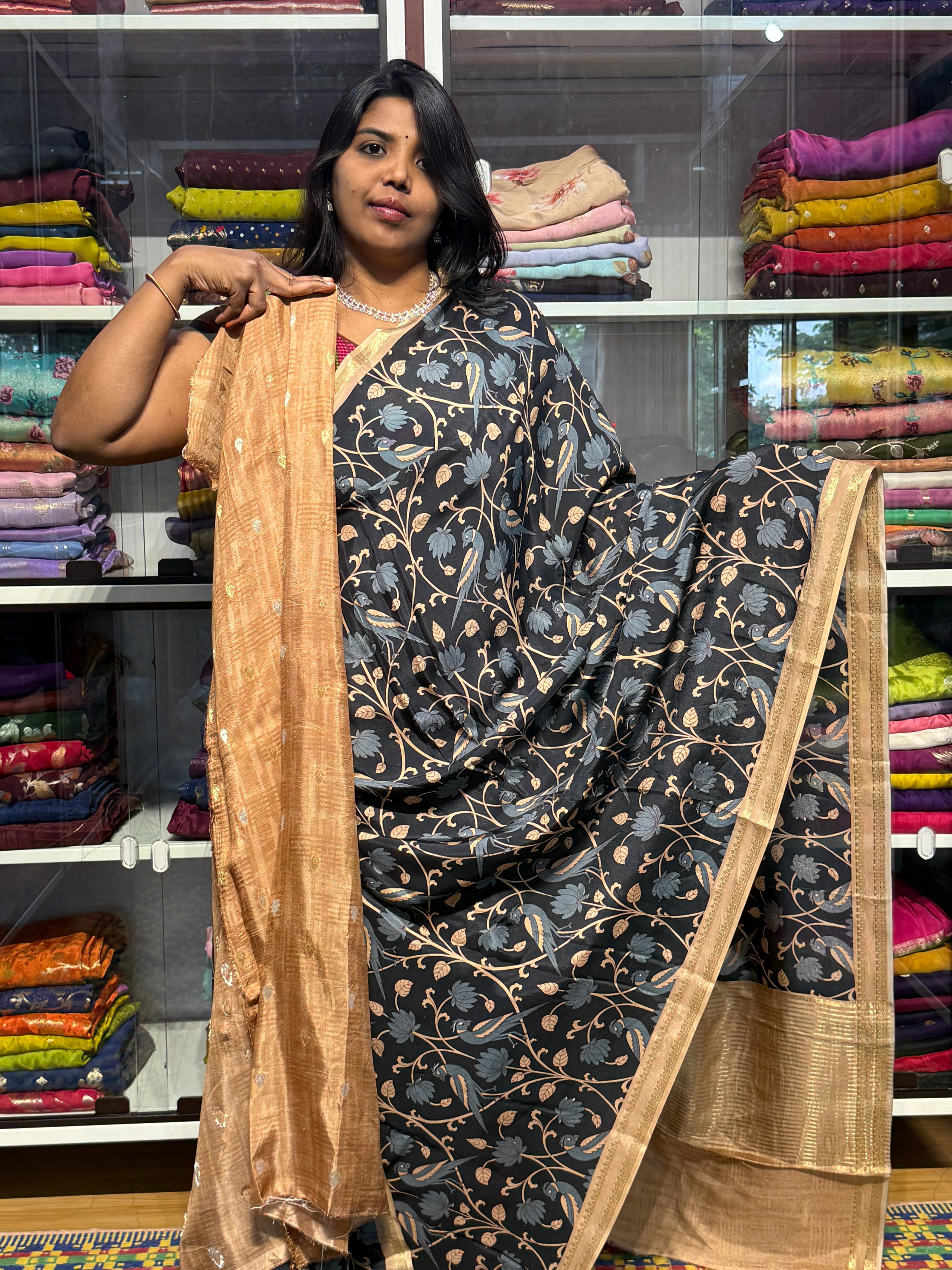 BUTTER MYSORE CREPE WITH DIGITAL PRINT: BLACK