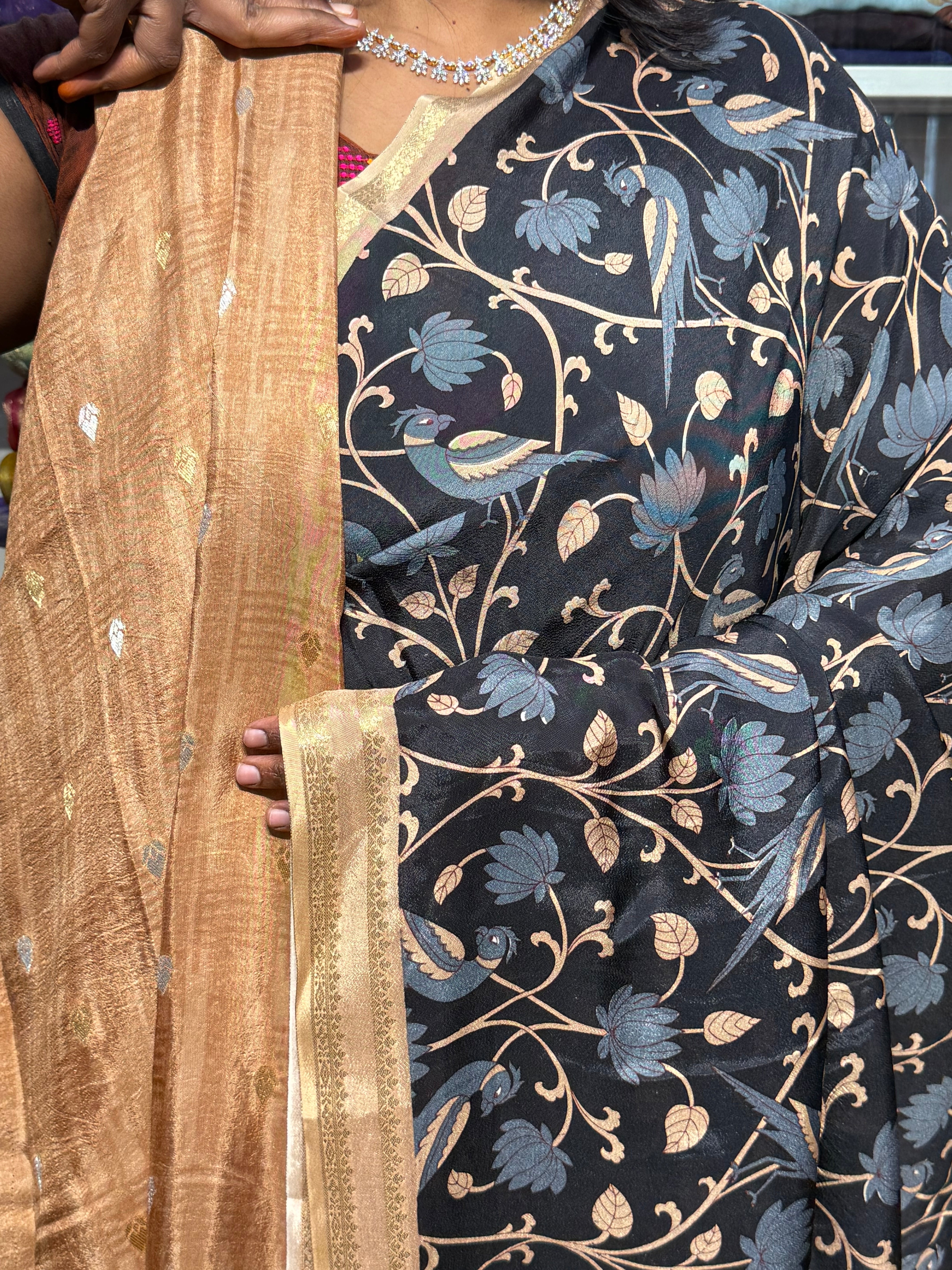 BUTTER MYSORE CREPE WITH DIGITAL PRINT: BLACK