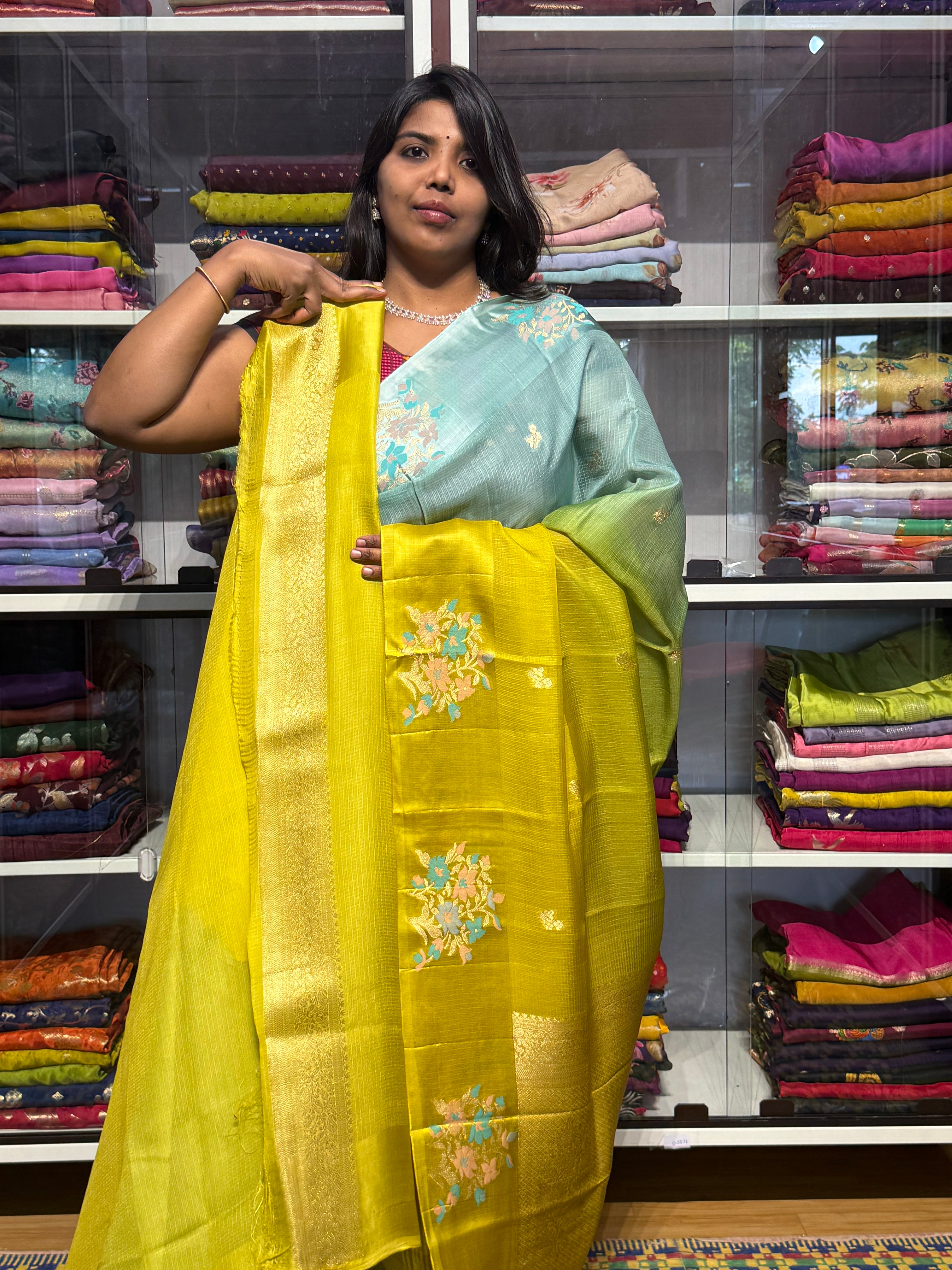 SILK KOTA DUAL SHADED SAREE WITH SATIN MEENAKARI BORDER: SEAGREEN