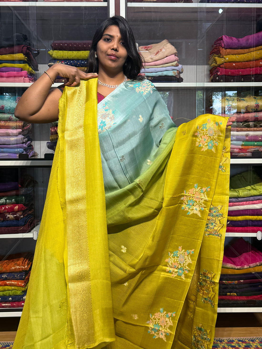 SILK KOTA DUAL SHADED SAREE WITH SATIN MEENAKARI BORDER: SEAGREEN