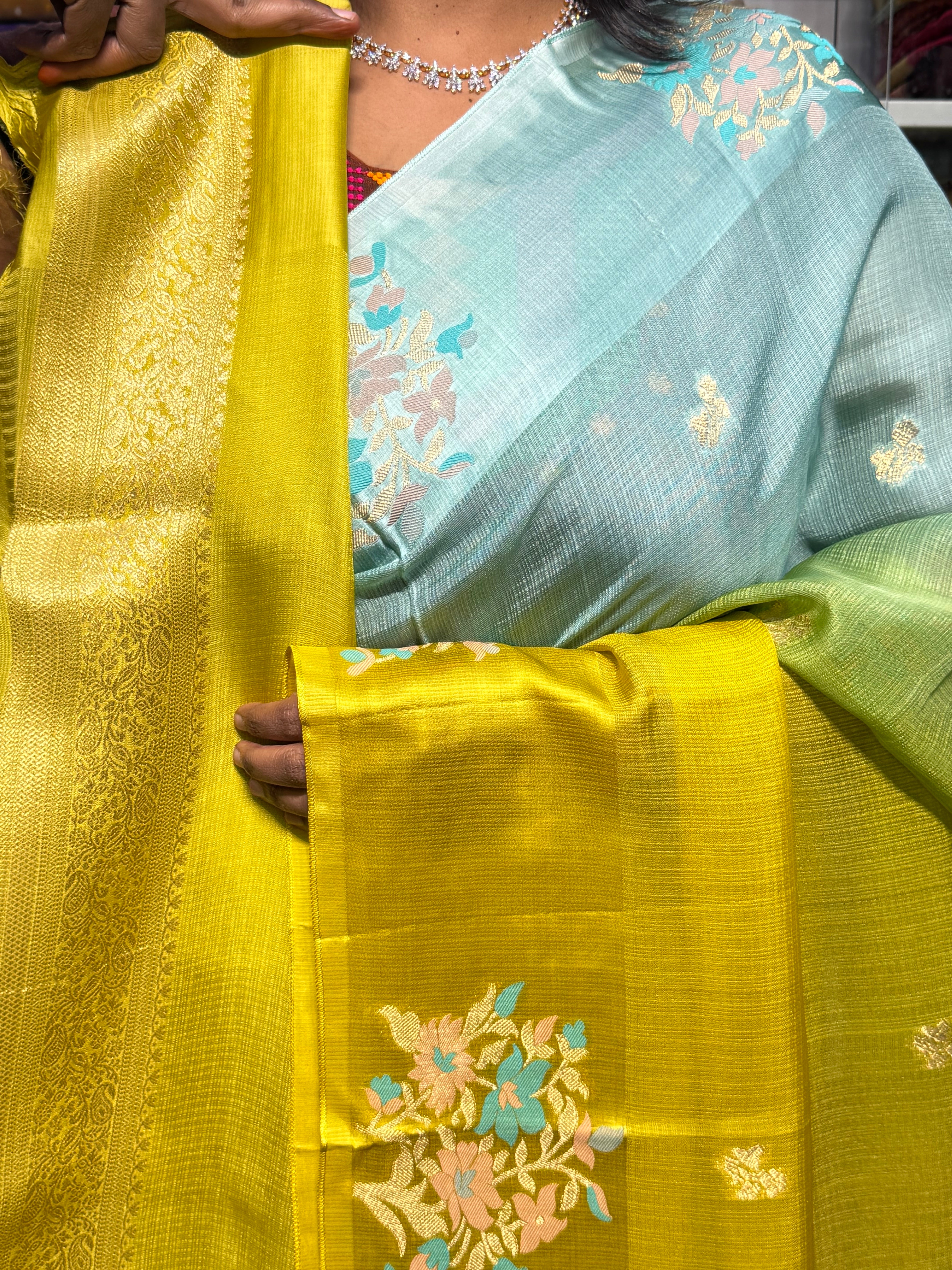 SILK KOTA DUAL SHADED SAREE WITH SATIN MEENAKARI BORDER: SEAGREEN