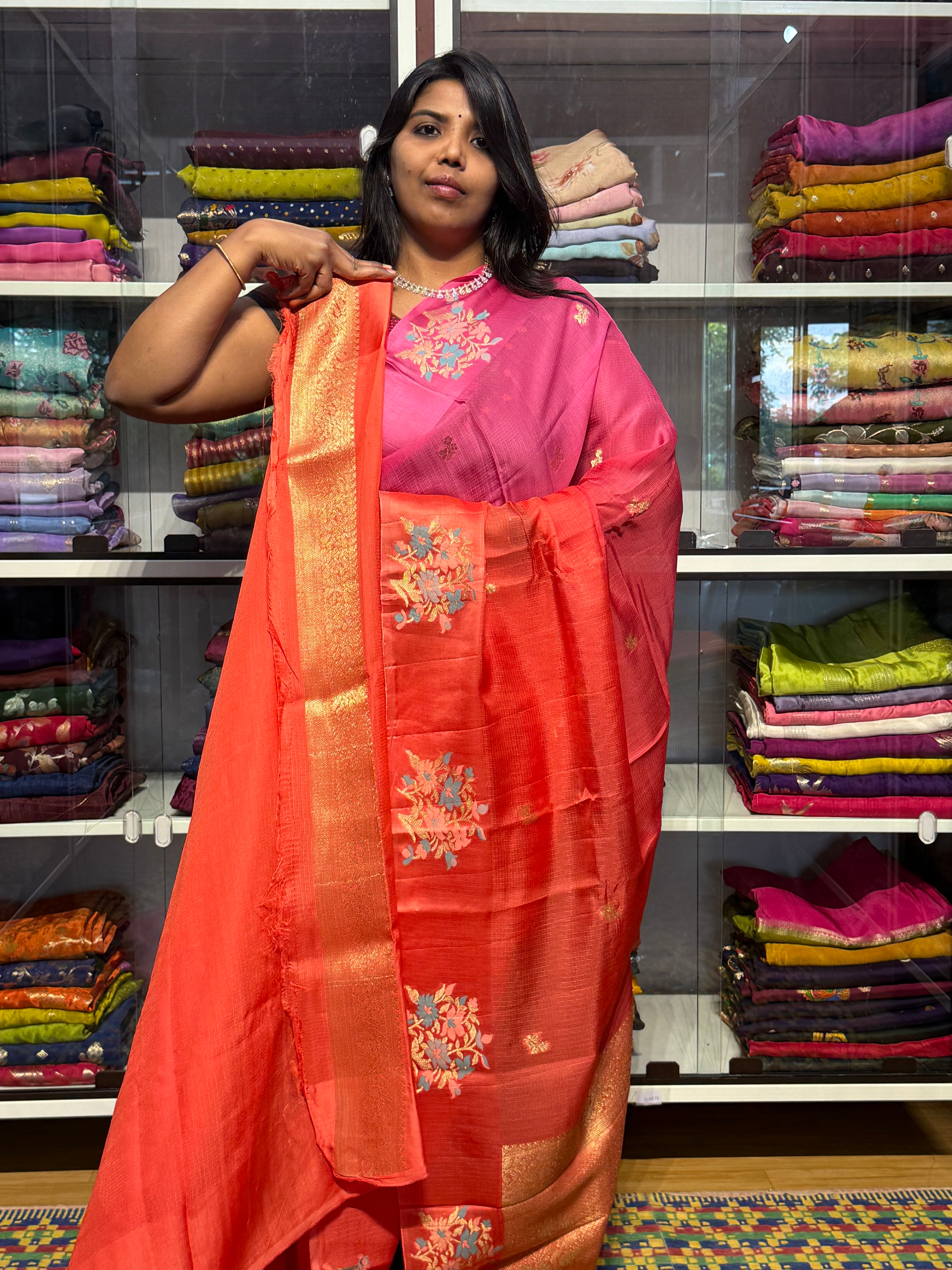SILK KOTA DUAL SHADED SAREE WITH SATIN MEENAKARI BORDER: PINK AND ORANGE