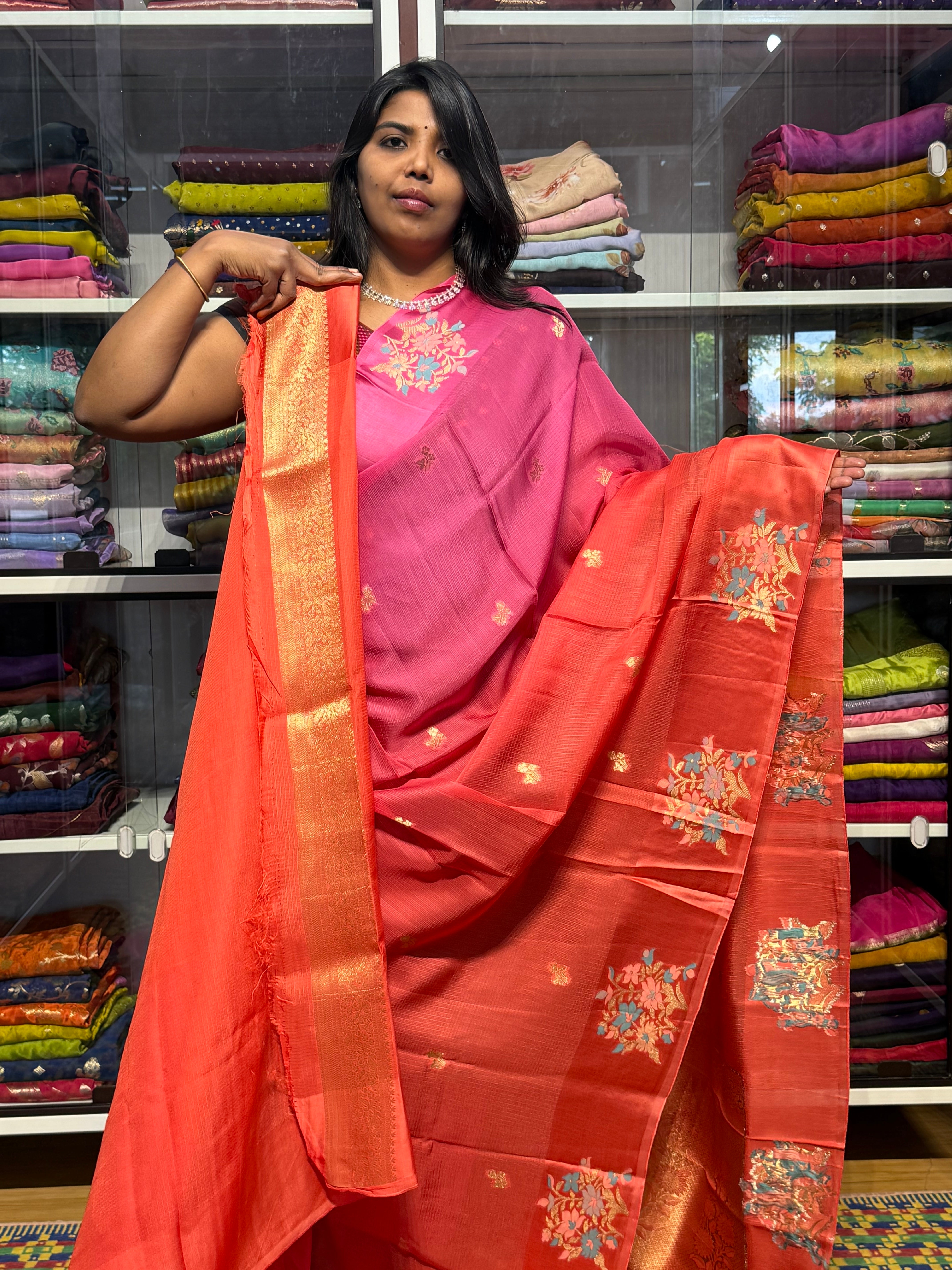 SILK KOTA DUAL SHADED SAREE WITH SATIN MEENAKARI BORDER: PINK AND ORANGE