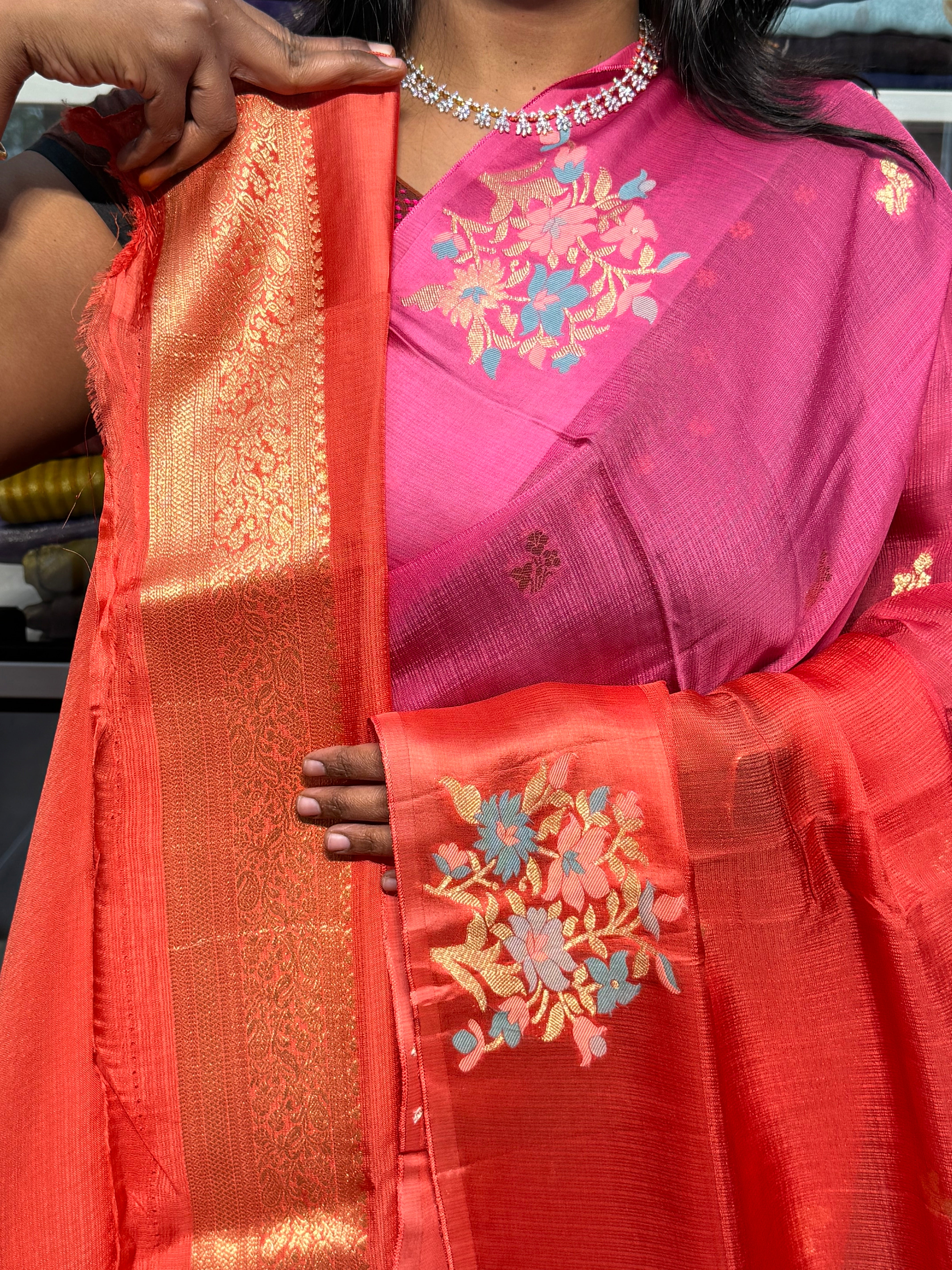 SILK KOTA DUAL SHADED SAREE WITH SATIN MEENAKARI BORDER: PINK AND ORANGE