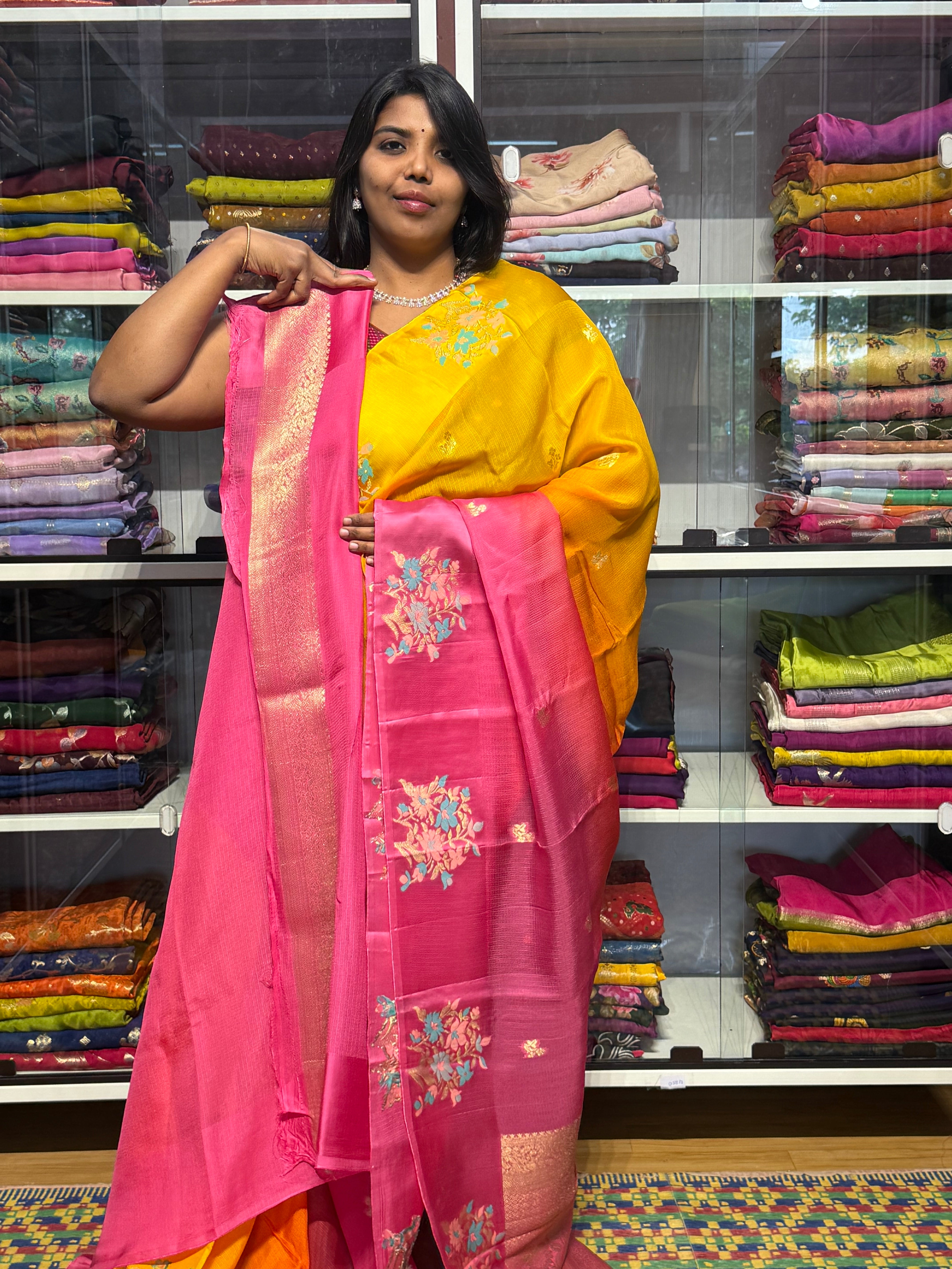 SILK KOTA DUAL SHADED SAREE WITH SATIN MEENAKARI BORDER:YELLOW AND PINK
