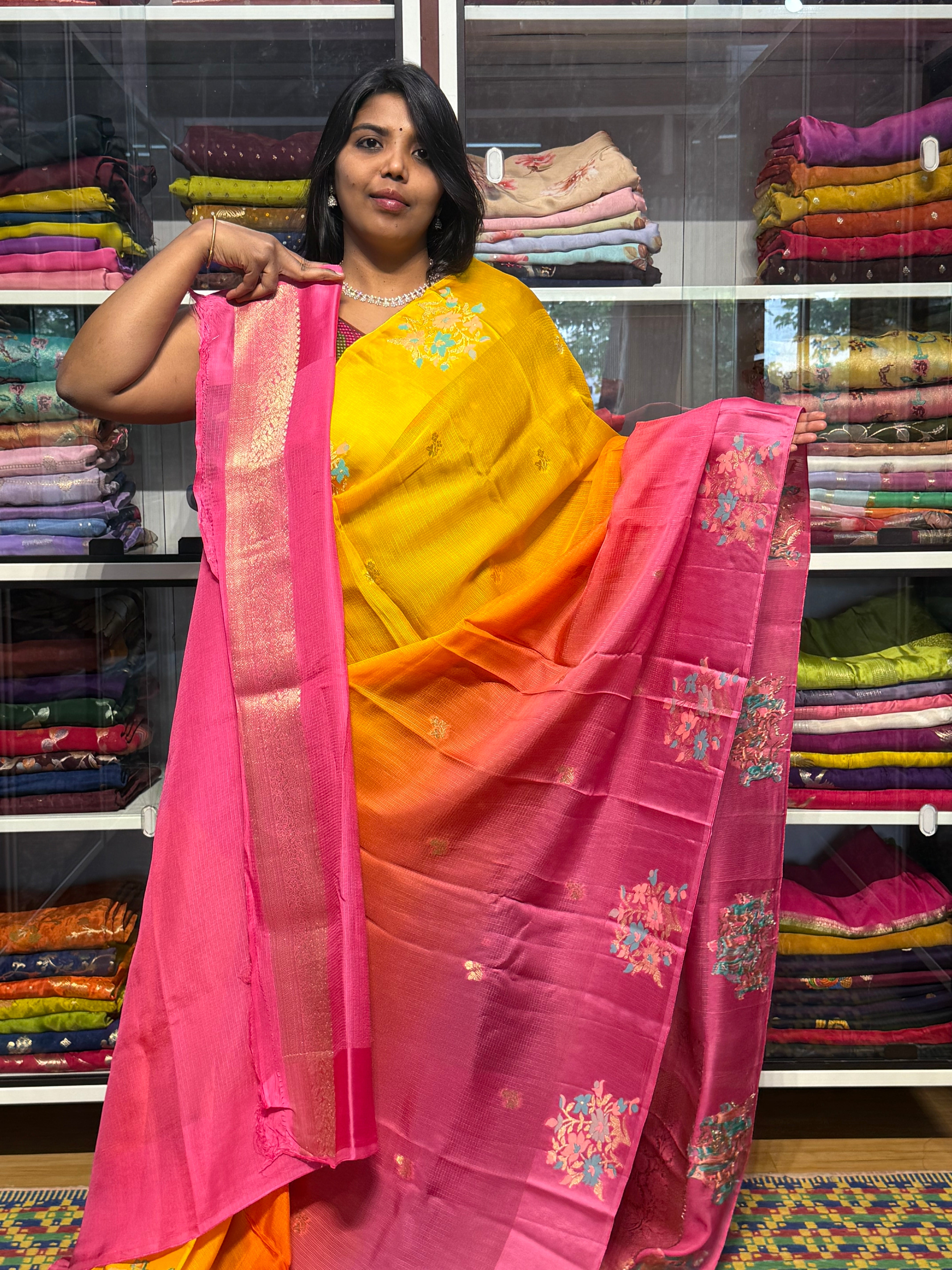 SILK KOTA DUAL SHADED SAREE WITH SATIN MEENAKARI BORDER:YELLOW AND PINK