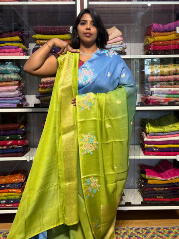 SILK KOTA DUAL SHADED SAREE WITH SATIN MEENAKARI BORDER:BLUE AND GREEN