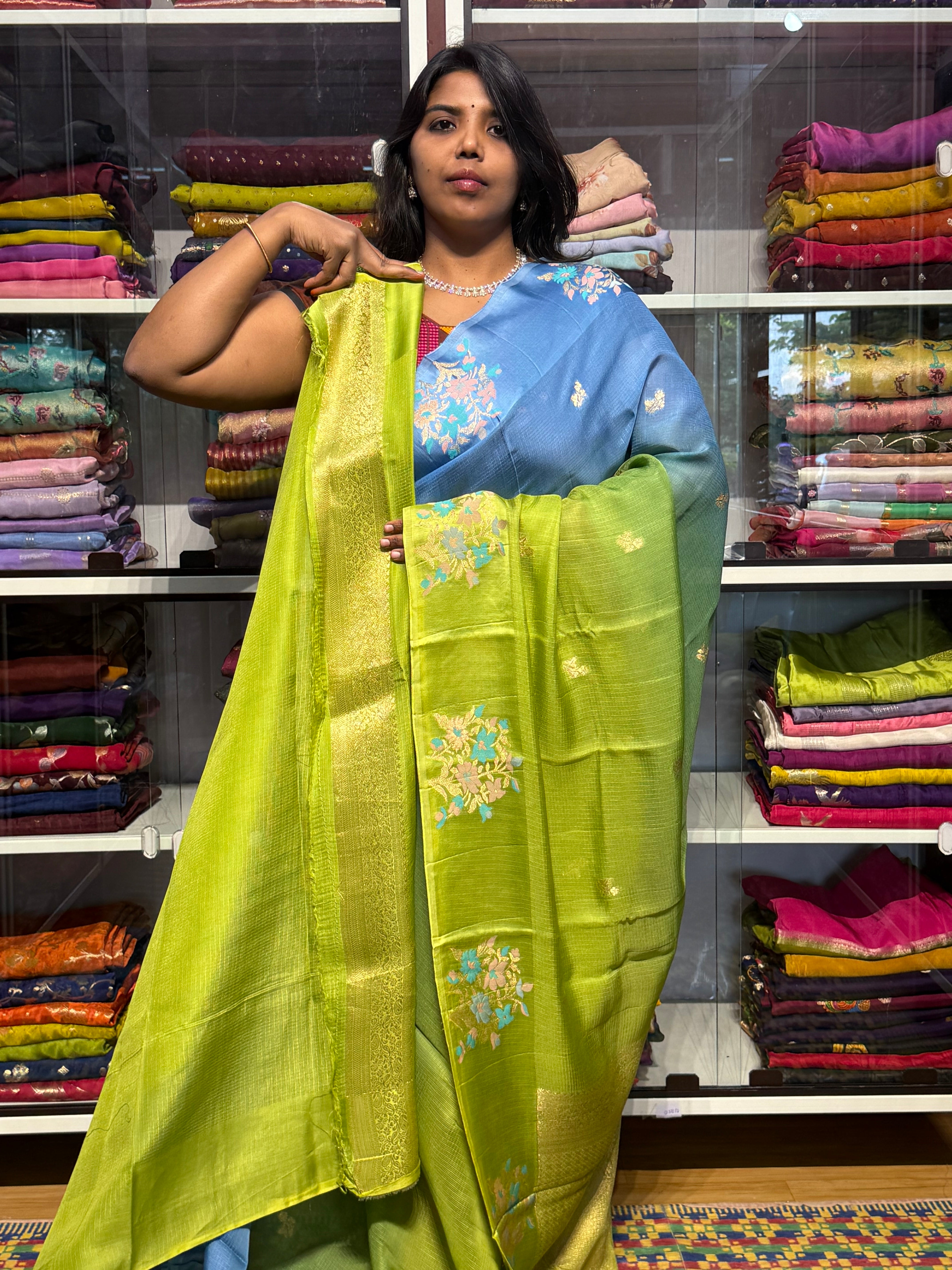 SILK KOTA DUAL SHADED SAREE WITH SATIN MEENAKARI BORDER:BLUE AND GREEN