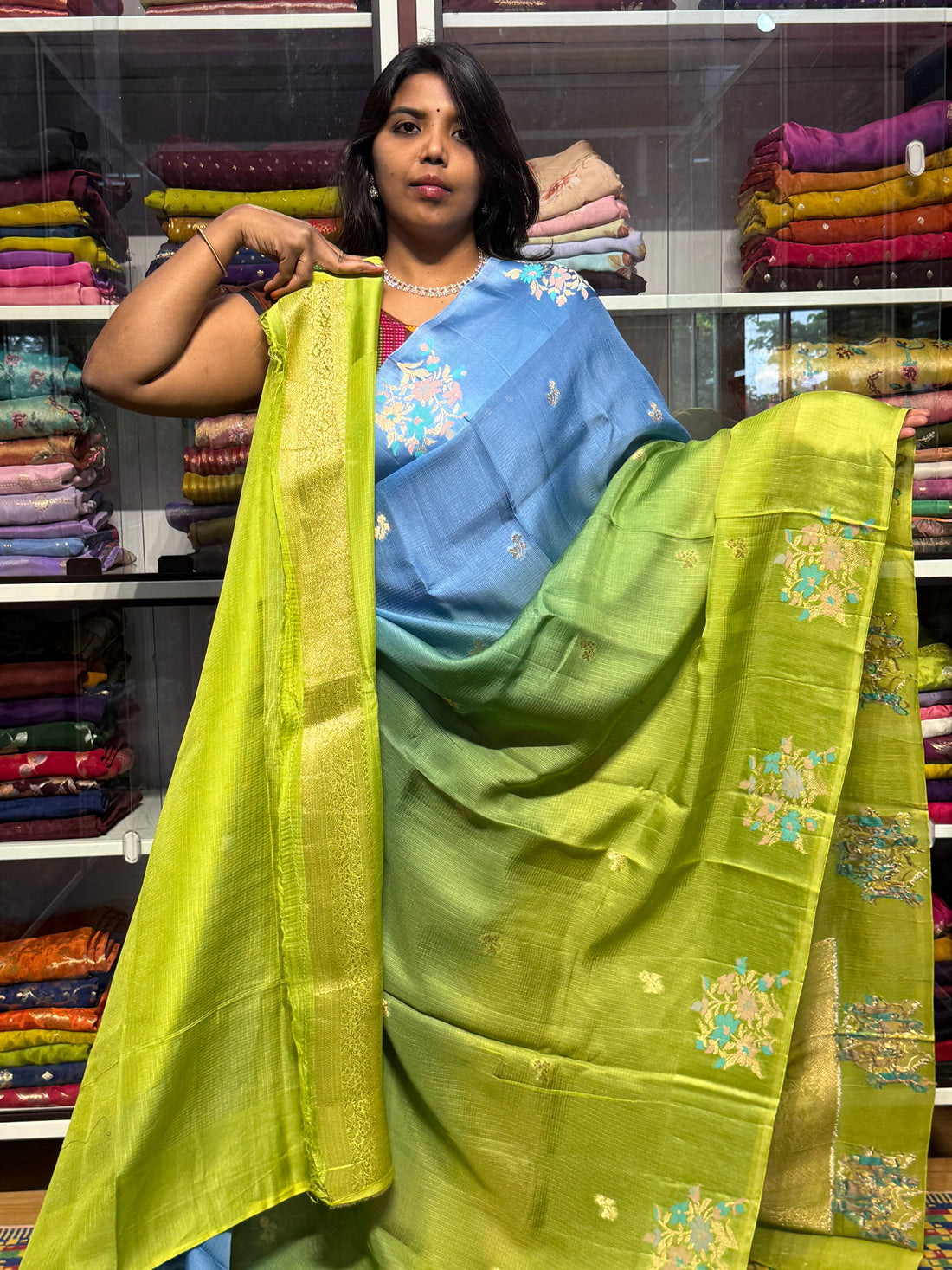 SILK KOTA DUAL SHADED SAREE WITH SATIN MEENAKARI BORDER:BLUE AND GREEN