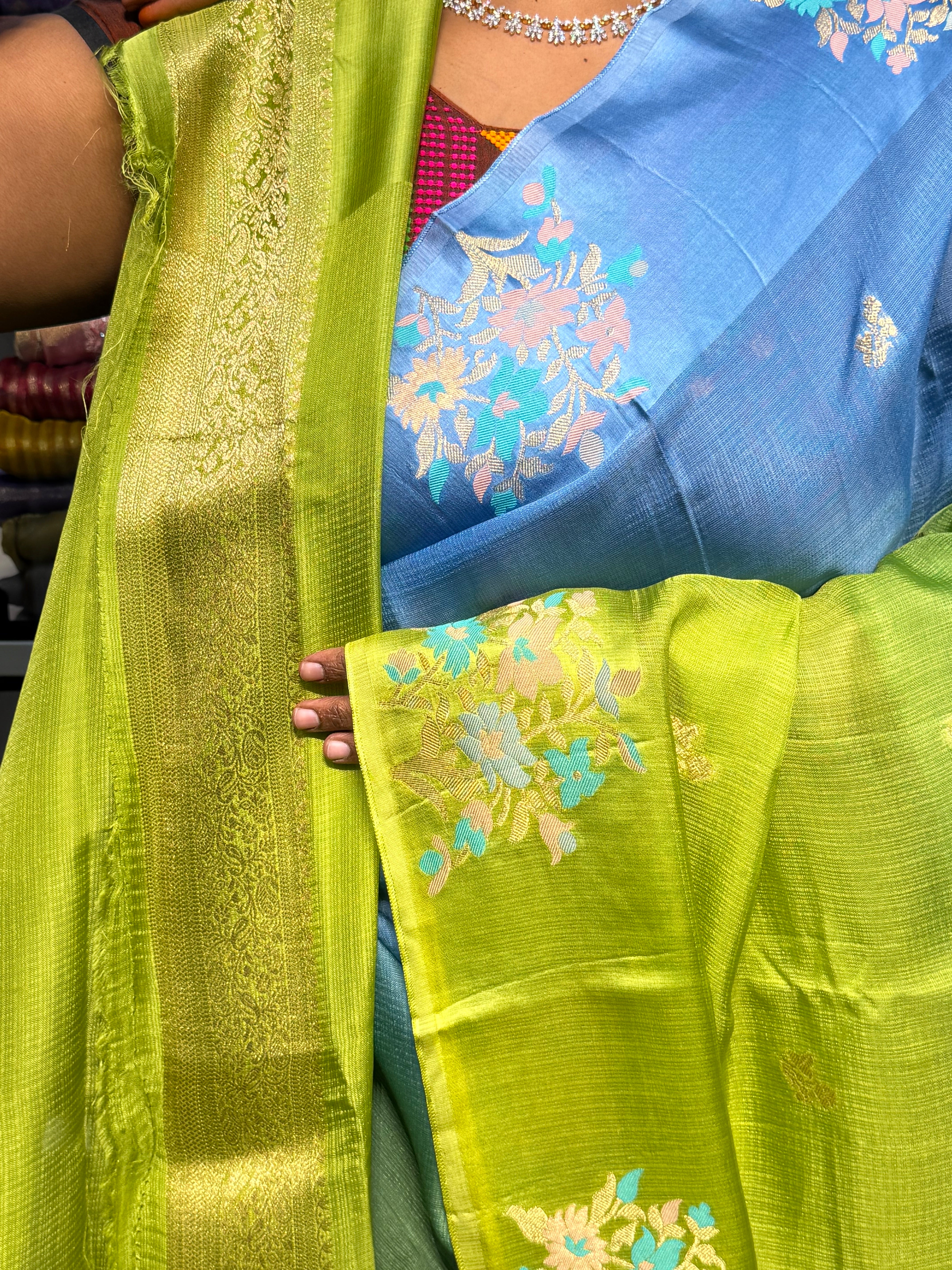 SILK KOTA DUAL SHADED SAREE WITH SATIN MEENAKARI BORDER:BLUE AND GREEN